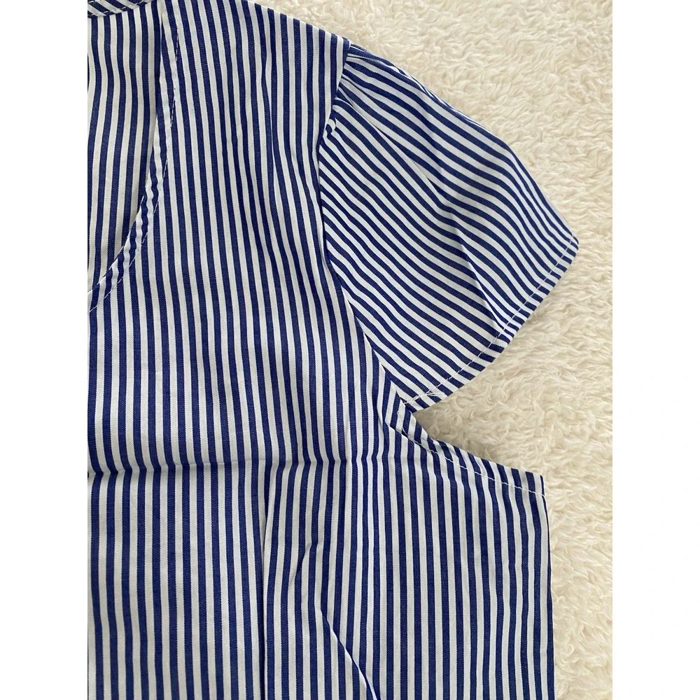 New Pink Rose Women's L Blue Striped Cotton Short Sleeve Blouse with Bow‎ Tie